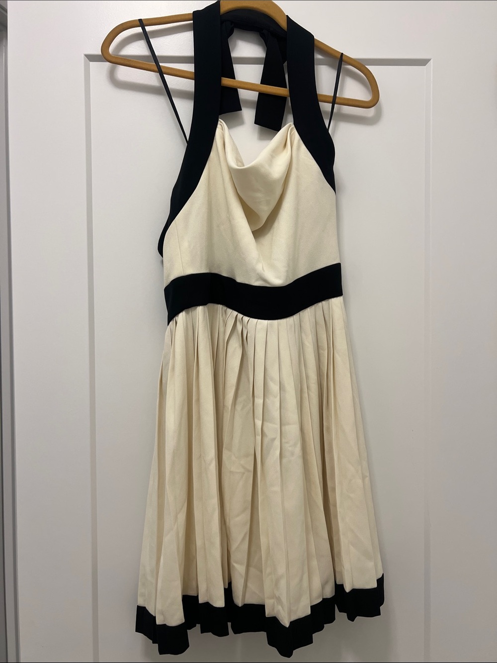 Gillia Cream and Black Halter Pleated Party Dress
